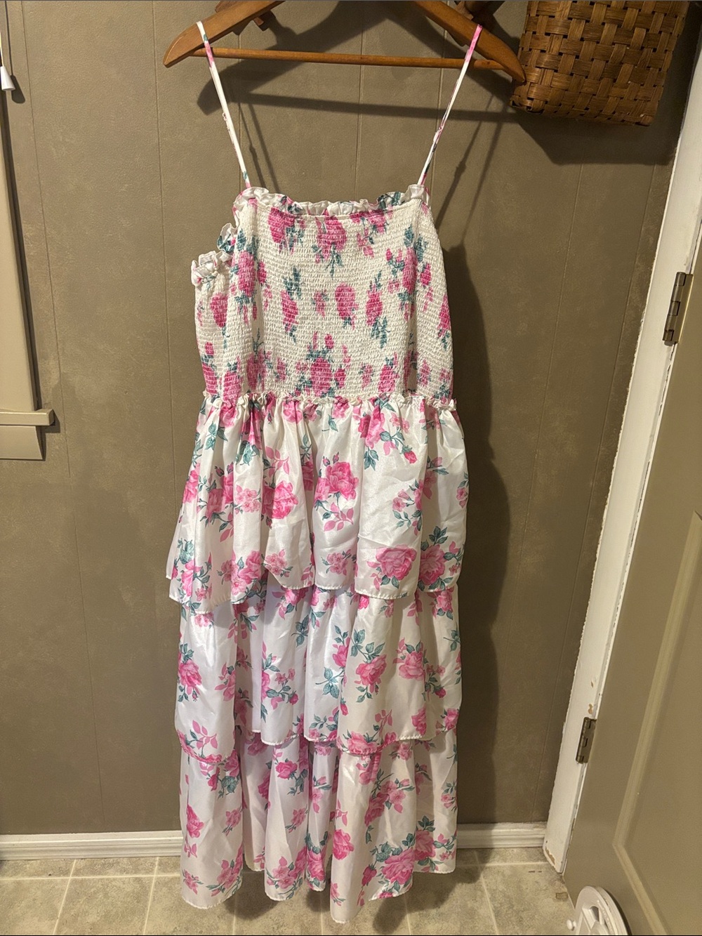 LoveShackFancy White Floral Tiered Midi Dress with Pink Roses